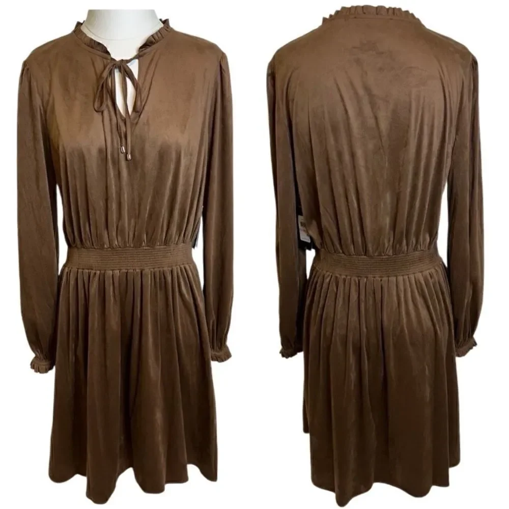 NWT Tommy Hilfiger Brown Faux Suede Fit & Flare Keyhole Tie Dress Womens Size 10